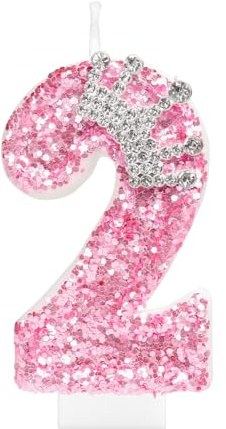 mciskin Födelsedagskrona ljus för flickor, rosa 2:a födelsedagsdekorationer för flicka, glitter nummer 2 ljus för tårta, rosa paljetter ljus med krona för prinsessfestdekorationer, jubileumsmaterial