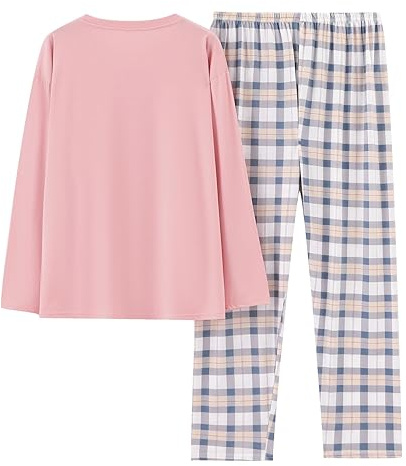 Cotton Pyjamas Set for Women, Soft Two Pieces Pj's Sets Womens Pyjamas Sets Crewneck Soft Nightwear Long Sleeve Loungewear Top & Plaid Pant Pjs Set Sleepwear Pajamas for Women UK