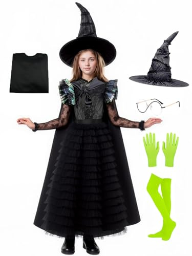 Halloween Girls Witch Black Ruffled Lace Dress Tiered Tulle Skirt with Cape Pointed Hat Glasses Gloves Socks for Kids 11-12T