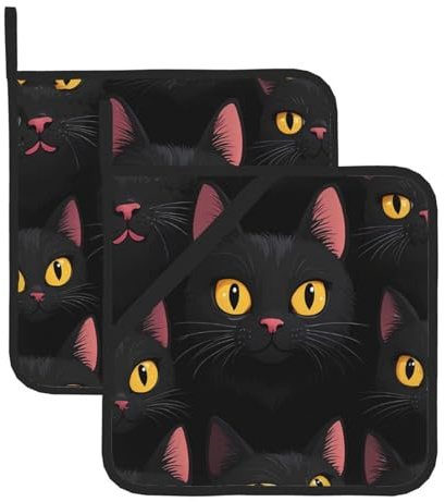 Set di 2 presine stampate con testa di gatto nero per proteggere piani di lavoro e tappetini da forno
