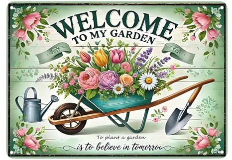 Garden Signs for Outside – Vintage Welcome to My Garden Metal Plaque Wall Art – Outdoor Hanging Iron Sign – Gardening Gift for Yard Patio Fence Decor