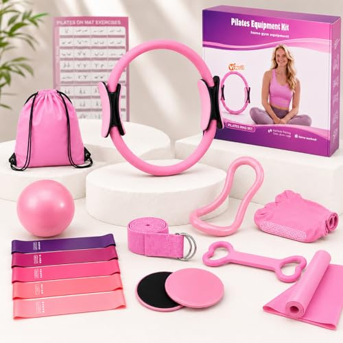 Viwril Pilates Ring Set, 12-in-1 Set für Damen mit Pilates Ball, Fitnessbändern, Widerstandsbändern, Gymnastikband, Sliding Discs, Socken & Tasche, Pilates Zubehör für Zuhause