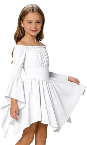 Dasongff - Vestido corto blanco para niña, vestido pirata para niñas, manga larga, abullonada, gasa, hombros descubiertos con volantes, corte trapecio corto, estilo bohemio de verano de playa