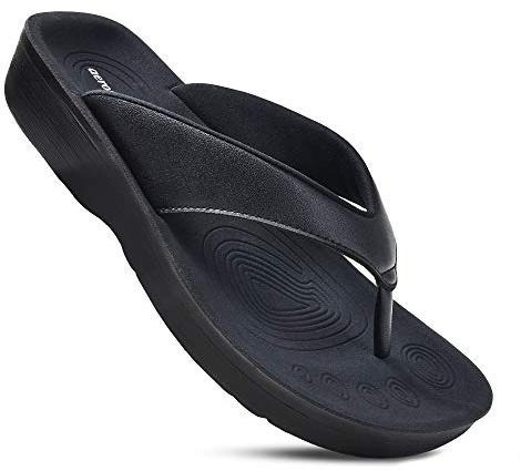 AEROTHOTIC Flip Flops for Women with Arch Support Plantar Fasciitis Orthopedic Cushioned Footbed Comfortable Non-Slip Sole with Padded Straps Dressy Casual Recovery Women Sandals (Pearly Black, Size 7)