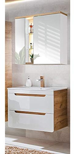 Lomadox Badmöbel Waschplatz Set mit 80 cm Waschtisch-Unterschrank mit Keramik-Waschbecken & LED-Spiegelschrank