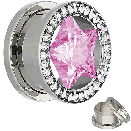 Treuheld® | KRISTALL STERN Flesh Tunnel - OHR PLUG - SILBER zum Schrauben | 7 Größen 4-14mm - PINK & TRANSPARENTE STEINE - GEWINDE schraubbar | ZIRKONIA Strass Piercing - Chirurgenstahl Edelstahl