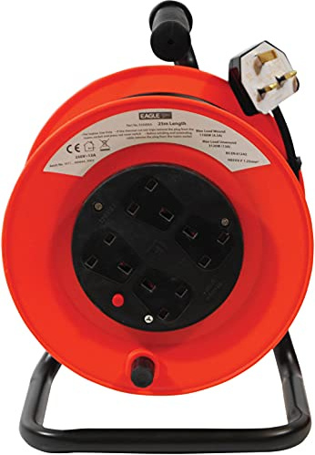 Netagon 4 Gang UK Plug 25M Cable Lead Garage & Home Red/Black Extension Reeler Real with Stand, Carry Handle and Reset Button