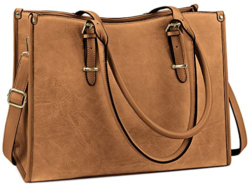 NUBILY Bolsos Grandes de Mujer para Portatil 15.6 Pulgadas, Bolso Shopper Bandolera, Bolsa Tote Impermeable de Cuero PU, para Universidad, Marrón