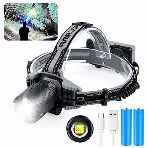 MUGUOY Wiederaufladbar 100000 Lumen Led Stirnlampe, Extrem Hell Xhp 99 Kopflampe Stirnlampe， 4 Modi Zoombare Wasserfeste Stirnlampe,Mit Rot Blau Licht, Digitaler Leistungsanzeige(Inklusive Batterie)