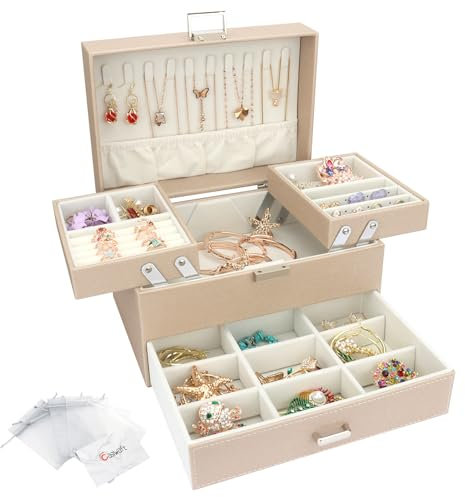 Schmuckkasten, Schmuckkästchen mit Schubladen für Damen Mädchen, PU-Leder Jewelry Box Schmuckbox Schmuckschatulle Groß Schmuckaufbewahrung für Ringe Ohrringe Armbänder Halsketten, Beige