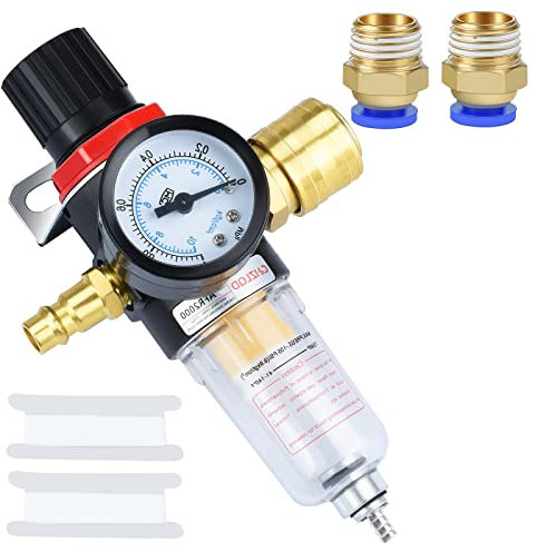 Drado Riduttore di pressione ad aria compressa, filtro dell'aria regolatore di pressione 1/4 BPS con separatore d'acqua, attacchi rapidi tedeschi e manometri