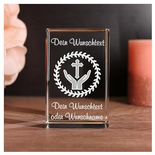 LoveGoals 3D Glaskristall zur Konfirmation | Motiv: Kreuz und Hände | Geschenk mit Deinem Wunschtext graviert