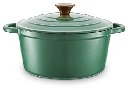 Barbary & Oak BO800251GRN Round Cast Iron Casserole Pan with Durable Enamel Interior, 24cm, Verdigris Green