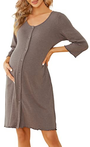 KOJOOIN Camicia da Notte da Donna Camicia da Notte per Allattamento Camicia da Notte a 3/25 Maniche Camicia da Notte Premaman in Cotone con abbottonatura Completa Camicia da Notte MarroneL