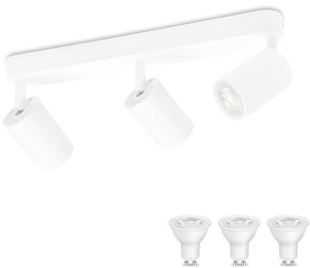 KYOTECH Weiß 3-flammige Spotlampe 5W LED Deckenleuchte Weiss Deckenlampe Schwenkbar und drehbar inkl. Leuchtmittel GU10 3000K Warmweiß Deckenspots für Küche, Schlafzimmer, Wohnzimmer