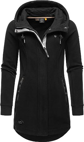 Ragwear Damen Leichter Fleece-Übergangsmantel lang windabweisend mit Kapuze Letti Fleece Black Gr. S