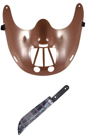 labreeze Brown Hannibal Lecter Plastic Mask with Fake Blooded Long Plastic Machete Weapon Halloween Spooky Scary Fancy Dress Set