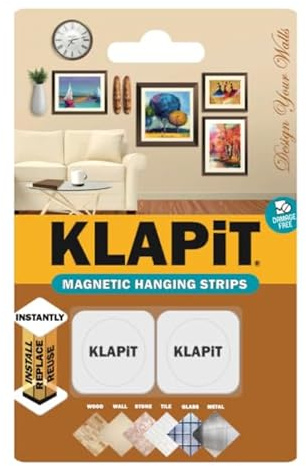 KLAPiT Magnetic Picture Hanging Strips with Nano Technology: Premium Alternative to Mounting Tapes & Double-Sided Tapes -Reusable, Heavy Duty, Drill-Free & Damage-Free Hanging (2 pc Pack)