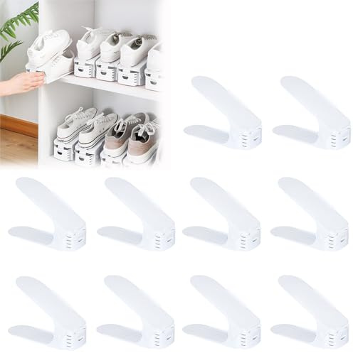 JNGLGO 10 Stück Einstellbar Schuhregale PP Weiß Schuhstapler Schuhaufbewahrung Platzsparend Doppelschicht Schuhorganizer rutschfest Schuhschrank【10 Stück - Weiß】