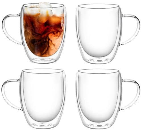 Atldmphic Double Walled Glass Coffee Cups, 4 Pack Latte Glasses Mugs, 350ml Cappuccino Glasses Cups, Dishwasher Safe, for Hot Drinks Tea Milk Juice Ice Cream