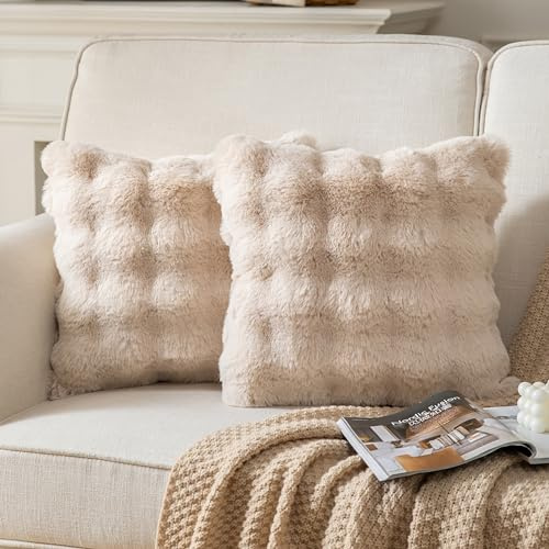 Joyouth 2er Set Plüsch Kissenbezug Dekorativ Sanft Kurze Wolle Samt Zierkissenbezüge Luxus Square Kissenhülle für Sofa Couch Wohnzimmer 50x50 cm Beige