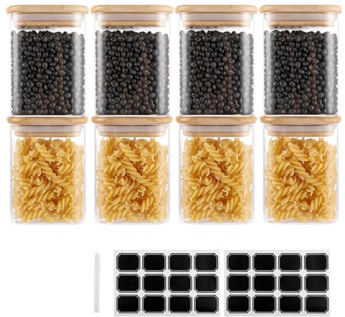 SHUESS 8er Set 500ml Vorratsgläser mit Holzdeckel Eckig, Luftdichtes Aufbewahrungsglas für Küche, Stapelbare Glasbehälter mit Deckel für Gewürze, Pasta, Tee, Kaffee und Müsli