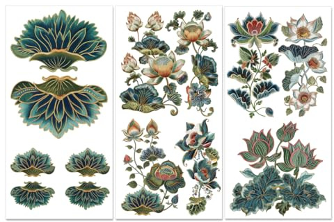 PLIGREAT 3 Blätter reiben auf Transfers für Möbel und Kunsthandwerk, Stickerei Lotus reiben auf Transfer Aufkleber Vintage Blumen Wohnkultur Transferpapier für DIY Holz Möbel Tür Tisch Dekoration