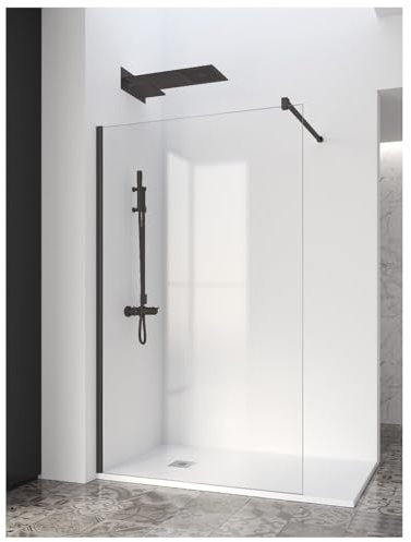Mampara ducha fija 70x200 FABRICACION ESPAÑOLA Mampara de ducha 8mm Antical Barra de sujeción inoxidable Cristal Transparente Panel Fijo Mampara Cristal Templado PERFIL NEGRO MATE 70X200