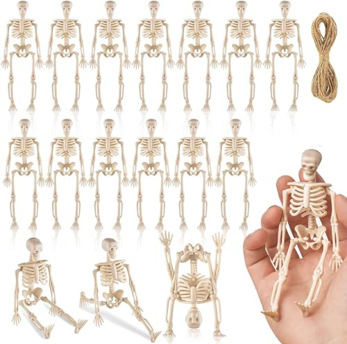 DIELIANHUA 16er-Pack Mini Skelett Deko - Skelett Dekoration für Halloween-Partys und Spukhaus-Requisiten mit 5 Meter Hanfseil
