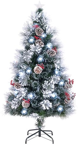 DREAMADE 150 cm Weihnachtsbaum mit Schnee, Künstlicher Tannenbaum mit 49 weißen LED-Lichter & roten Beeren, Christbaum Weihnachten