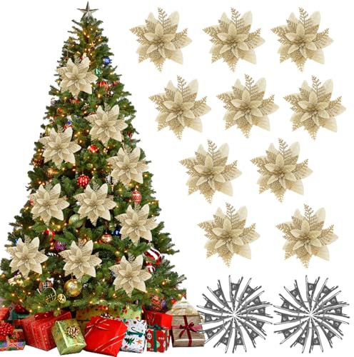 AYNKH 20Pcs Fleurs de Sapin de Noël avec Pinces, Fleurs de Poinsettia Pailletées de Décoration de Sapin de Noël Dorées de 14.5cm pour la Décoration de l'arbre de la Couronne