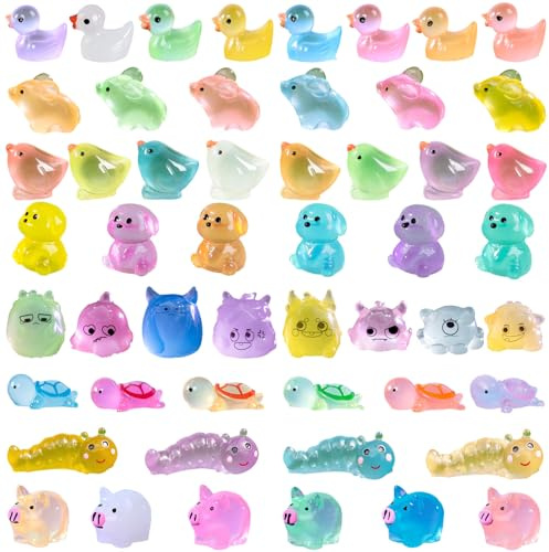 Hedmedum 52 Pcs Mini Animal Luminous Resin Duck Miniature Figurine Small Turtles Duck Dog Pig Mouse Monster Chicken Caterpillar for Garden Landscape Ornament DIY Craft Decorations