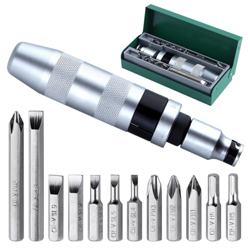LEONTOOL Set di 13 cacciaviti a percussione manuali da 1/2 pollici, set di cacciaviti a mano reversibili, con punte per cacciavite esagonali Phillips scanalate, per serrare/arrugginiti
