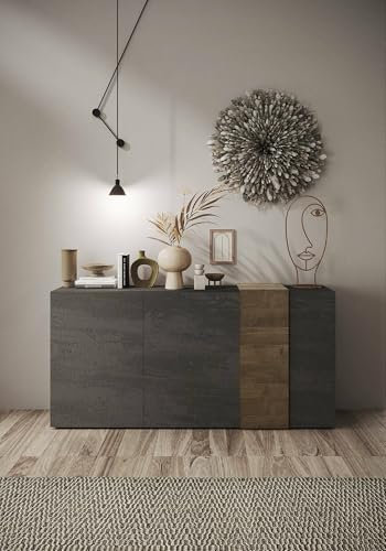 Dmora - Kommode Lamar, Wohnzimmerbuffet, Wohnzimmer-Sideboard, Moderne Küchen-Speisekammer, Made in Italy, 181x44 h86 cm, Schiefer und Nussbaum
