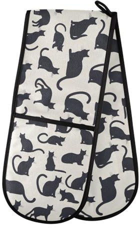 Oven Gloves Double Oven Gloves Cute Cat Black Oven Mitts Pot Holder Heat Resistant Quilted for BBQ Baking Kitchen Cooking Gloves
