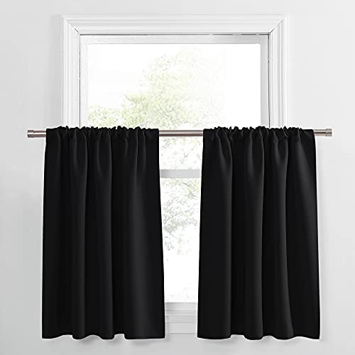 PONY DANCE Black Short Blackout Curtains for Kitchen 36 Inch Long, Rod Pocket Window Drapes for Bedroom Basement, Black Out Small Curtains for Caravan, Width 42 x Length 36 Inches, 2 Panels