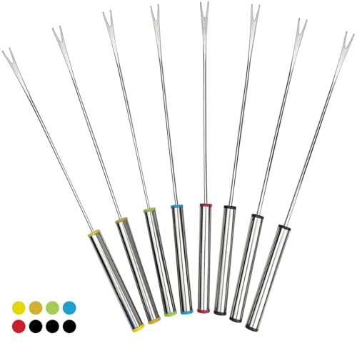 Set of 8 Color-Coded Stainless Steel Fondue Forks – 9.5 Heat-Resistant Handle Skewers for Chocolate, Cheese, Marshmallows, and Fruits