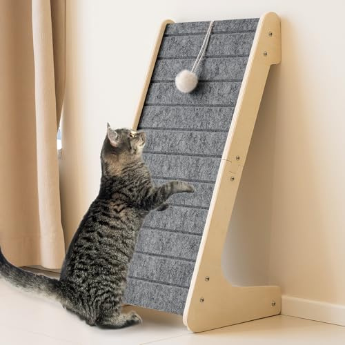 PETKARAY Dual-Use Felt Cat Scratcher - Large 64.5cm H, L Shaped Scratching Pad, Scratch Resistant Carpet Scratcher Ramp, Slot-Free Scratch Board with Toy Ball, Dark Grey