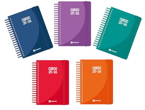 Centauro Schülerkalender 2025/2026 A6, Tagesansicht, 5 Stück in verschiedenen Farben, Blatt 70 g, Spanisch, Hardcover, Spiralbindung, PVC, inklusive Spezialblätter für Schüler und Aufkleber, FSC