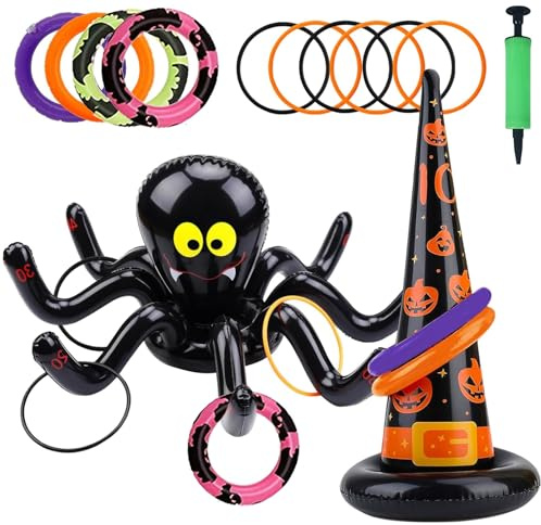 Halloween Ringwurfspiel-Set mit aufblasbarer Riesenspinne & Hexenhut, Halloween-Party Wurfspiel,Gartenspiele für Kinder, Erwachsene & Familie