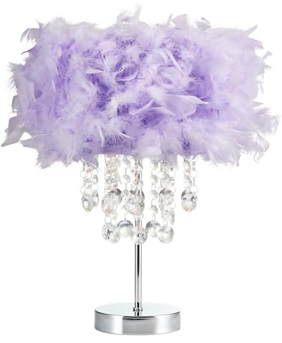 Happy Homewares Modern and Chic Real Lilac Feather Chandelier Style Table Lamp with Waterfall Clear Acrylic Droplets | Chrome Metal Base and Stem