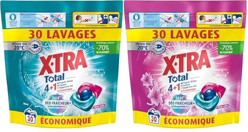 Xtra Total - Lot de 2 Pack de Capsules de lessive - Trio-Caps - 4 plus 1 - Parfum Fleuri + Parfum Givré