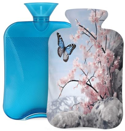 Cherry Blossom Butterfly Stone Pattern Hot Water Bottle with Cover, 2L PVC Hot Water Bag with Soft Cover, Reusable Heating Pad for Pain Relief Warm Hands Waist Abdomen Feet & Bed