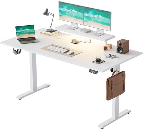 Agilestic Höhenverstellbarer Schreibtisch mit flexiblem Monitorständer | Schreibtisch elektrisch 160 x 80 cm, LED-Lichtleiste, USB-Steckdose, 2 Speicherplätze, für Homeoffice, Weiß