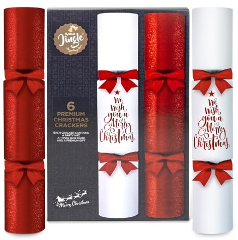Premium Red & White Christmas Crackers – 6 x Luxury 14 Crackers with Velvet Bows – Includes Hat, Quiz Card & Premium Useful Gifts – Elegant Festive Table Decoration