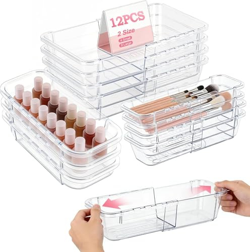 autumndeer 12 Stücke Transparent Verstellbar Schubladen Organizer Set, Schminktisch Organizer Schublade Make Up Organiser, Schubladen Ordnungssystem für Makeup, Küchen, Badezimmer, Büro, Schminktisch