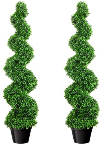 Set of 2 Artificial Spiral Topiary Trees 3ft - Modern Faux Boxwood Plants for Outdoor Patio, Realistic Fake Potted Trees for Front Porch, Farmhouse Decor & Walkway