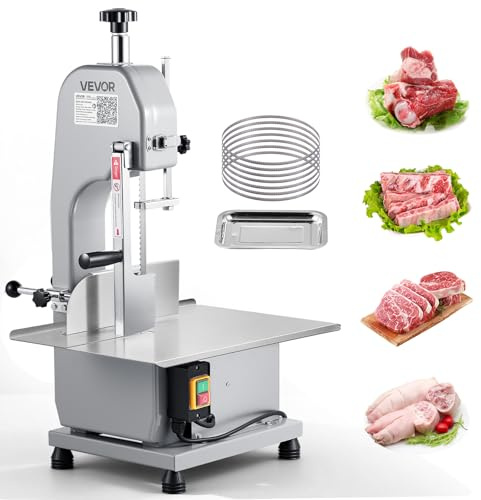 VEVOR Scie à Os de Boucher Électrique Commerciale, Scie à Ruban pour Os Viandes 1100 W, pour Viande Congelée Porc Côtes Boucherie, Établi 315x460 mm, Épaisseur de Coupe 0-110 mm, 7 Lames de Rechange