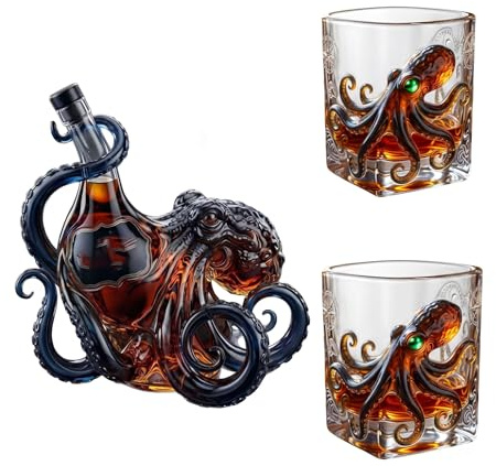 Set Whisky Polpo 3D | Decanter con 2 Bicchieri, Caraffa per Whisky Rum Bourbon Cocktail, Idea Regalo Originale per Uomini e Appassionati di Bar
