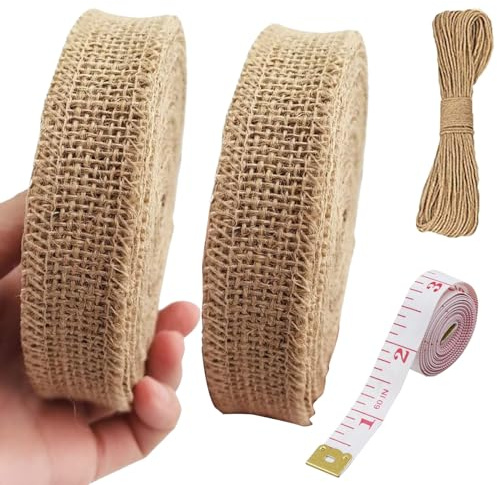 2 Roll Natural Ribbon Hessian Ribbon 2cmx20m Linen Ribbon Natural Rustic Jute Burlap Ribbon Roll Wide Raffia Ribbon with 1 Roll Jute Twine String and 1 Soft Tape for Cakes DIY Crafts Wedding Party
